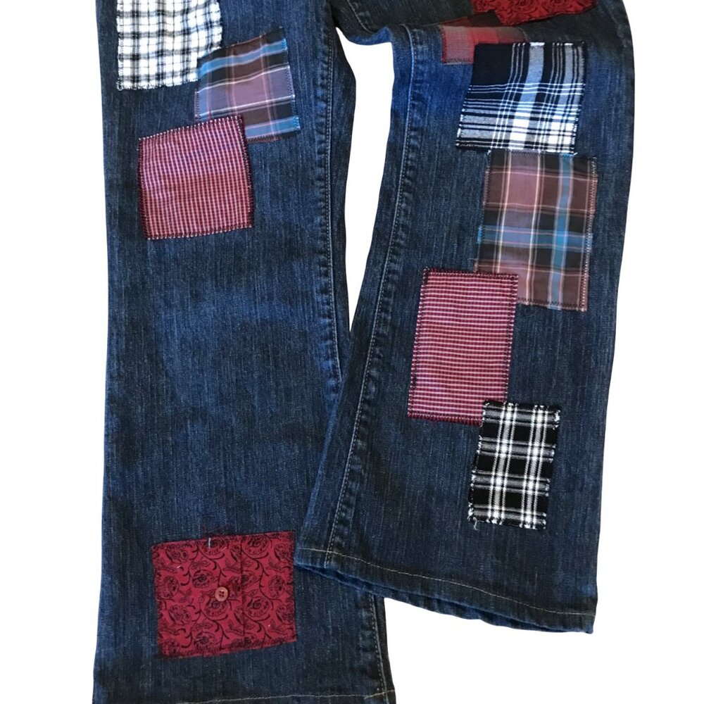 Plaid Flannel Patchwork Jeans, Upcycled Funky Pants Boho Hippie Grunge Size 8 - Picture 6 of 13